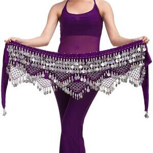 Purple Belly Dance Hip Scarf with Silver Coins – Chiffon Wrap Skirt